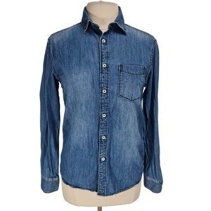 celio Womens Button Up Shirt Size S Blue Chambray Long Sleeve Curve Hem   44P